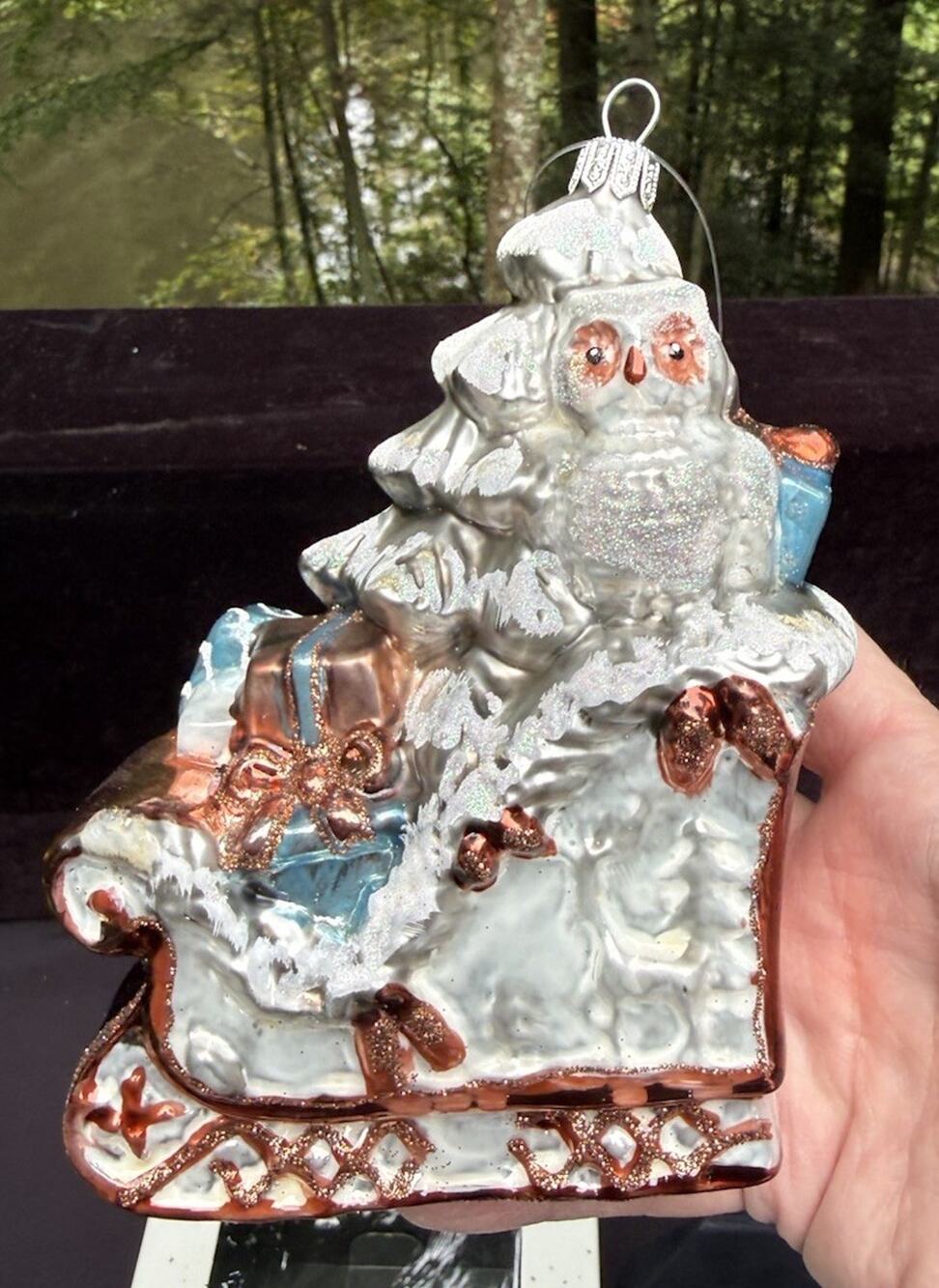 Santa SLEIGH Owl BLOWN Glass ORNAMENT DILLARD'S TRIMSETTER NIB -S1